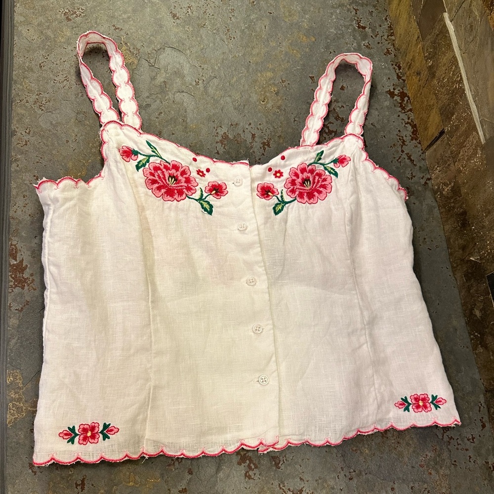J. Crew White Linen Camisole with Red Floral Embroidery Size 4